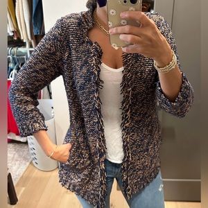 Cardigan frayed edge navy and mustard size small Anthropologie